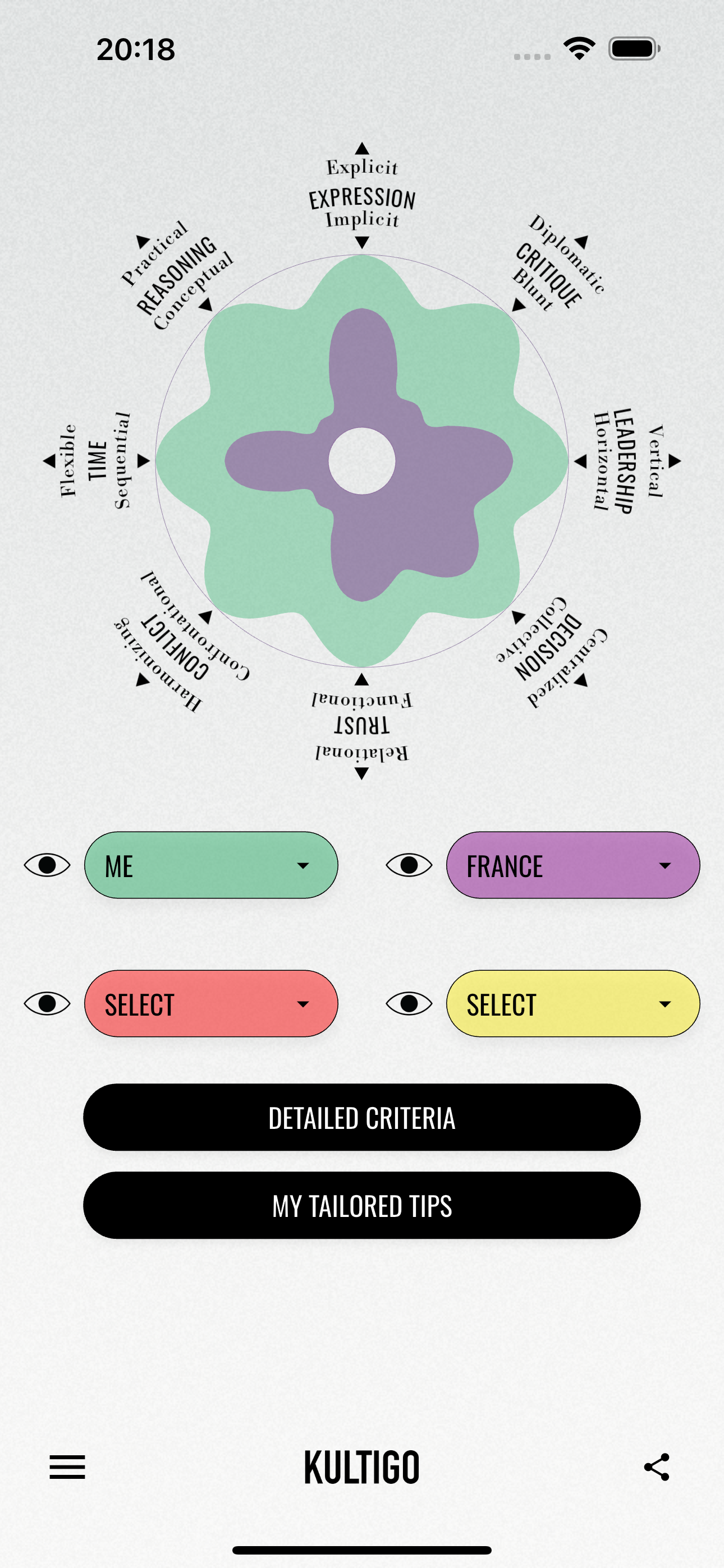 Kultigo Culture Flower – 8 cultural dimensions radar visualization