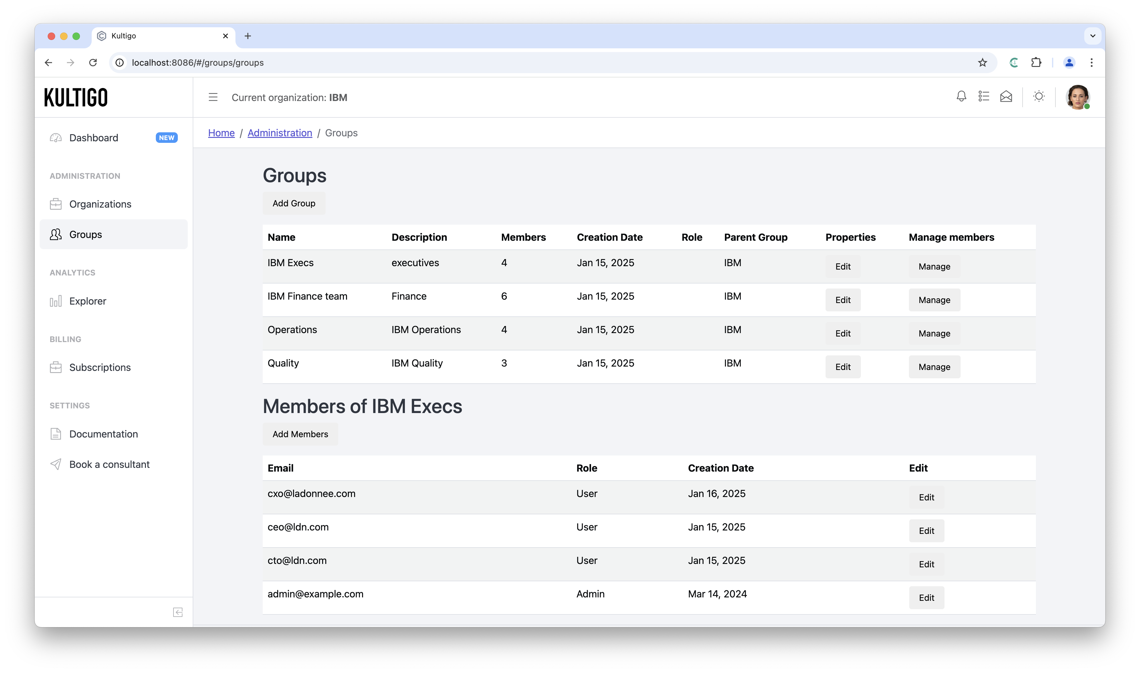 Group management – create groups and manage members